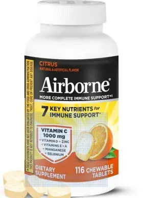 4786510021 Airborne Chewable Citrus Tablets 200 Count 200ct Immune Support Supplement Zinc