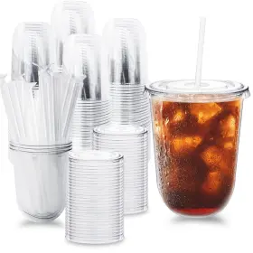 Ale0929 Alaeseje Plastic Cups 100 Pack 16 Oz Clear Disposable Lids Straws Coffee Iced