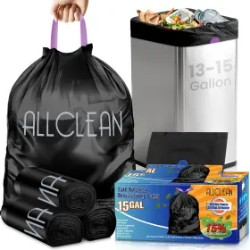 Allcleanbags 739750312292 Trash Bags 15 Gallon Tall Kitchen Drawstring 30 Count Pack Of 1 Black