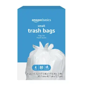 131612 Amazon Basics 4 Gallon Trash Bags Flap Ties 80 Count Pack Of 1 White