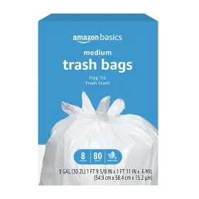131613 Amazon Basics 8 Gallon Flap Tie Trash Bags Fresh 80 Count Pack Of 1 Black