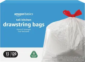 131910 Amazon Basics Flextra Tall Kitchen Drawstring 1 Count Pack Of 120 White