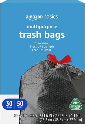 131913 Amazon Basics Flextra Multipurpose Drawstring Trash Bags 20% Post Black