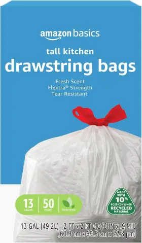 131915 Amazon Basics Flextra Tall Kitchen Drawstring 1 Count Pack Of 50 White