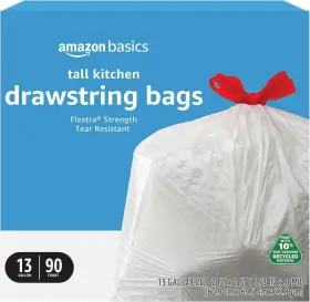 131916 Amazon Basics Flextra Tall Kitchen Drawstring Trash Bags 10% 90 Count White