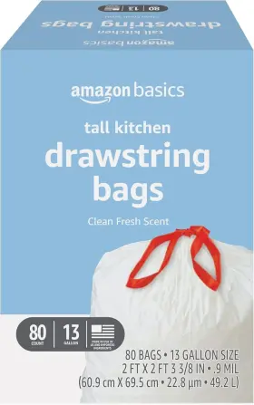 Amazon Basics 195515007580 Tall Kitchen Drawstring Trash Bags 80 Count Pack Of 1 White