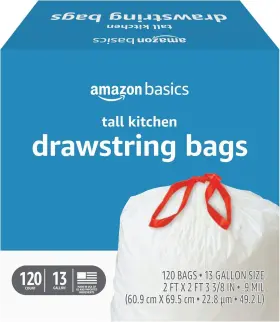 Amazon Basics 195515008273 Tall Kitchen Drawstring Trash 120 Count Pack Of 1 White