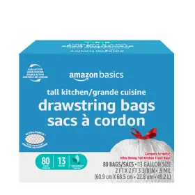 Amazon Basics 195515045384 Ultra-force Tall Kitchen Drawstring 1 Count Pack Of 80 White