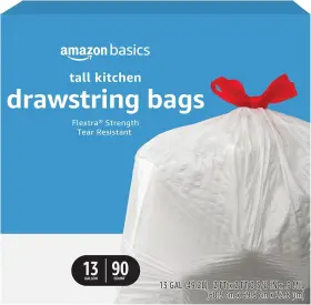 B092vkzb89 Amazon Basics Flextra Tall Kitchen Drawstring 90 Count Pack Of 1 White