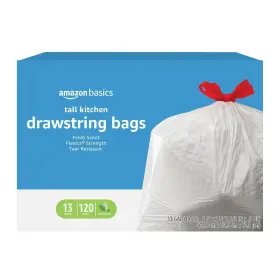 B092vqdgwl Amazon Basics Flextra Tall Kitchen Drawstring 120 Count Pack Of 1 White