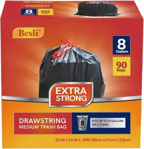 Besli 726673059847 8 Gallon Black Drawstring Trash Bag Garbage 90 Count Pack Of 1