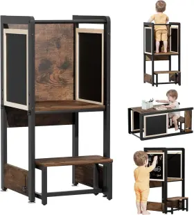 Bu-20240327 Bevaurora Toddler Kitchen Stool Helper Tower - 4 In 1 Learning Standing Rustic Brown
