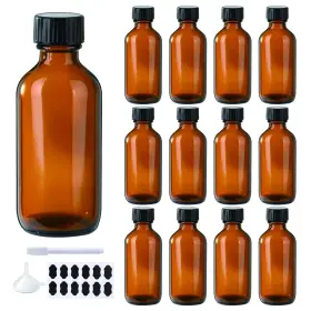 15243733011 Bpfy 12 Pack 2 Oz Amber Boston Glass Bottle With Black Poly Cap Funnel Chalk Labels P