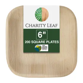 Charity Leaf 691959867594 Disposable Plates 6 Square 200 Pieces Palm Eco Friendly Natural Brown