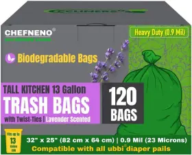 Chefneno 850035100189 13 Gallon Tall Trash Bags Disposable Diaper Pail 1 Count Pack Of 120 Green