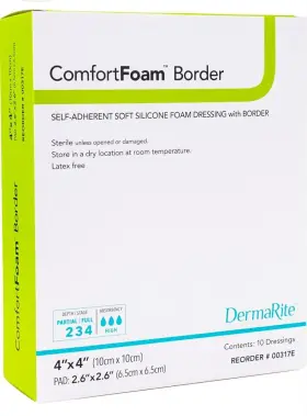 00315e Comfortfoam Dermarite Bordered Foam Dressing With Silicone 4x4 10 Count Exp 2029