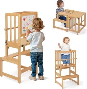 Cs000128-1-us Cosyland 3-in-1 Toddler Standing Tower With Whiteboard Large Natural