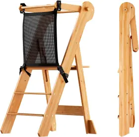 Cs00124-1-us Cosyland Foldable Toddler Standing Tower - Adjustable Height Large Natural