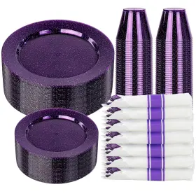 Et31 Dayammi Dinnerware Set 350 Pieces Purple Glitter 50 Guest Party Plates Cups Led