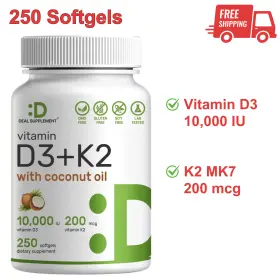 11900161 Deal Supplement Vitamin D3 10 000 Iu K2 Mk7 200mcg 250 Count 2-in-1 Complex