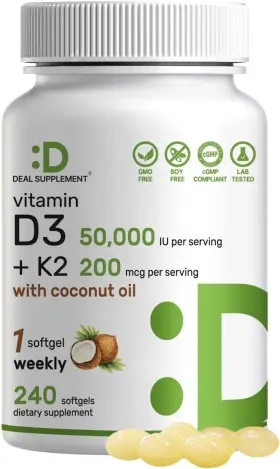 Deal Supplement 744759216922 Vitamin D3 50 000 Iu K2 Mk7 200 Mcg 240 Softgel Virgin Coconut Oil D