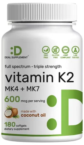 Ba-ds-vkz180 Deal Supplement Vitamin K2 600mcg 180 Softgels Mk-7 Mk-4 Bone Support Coconut