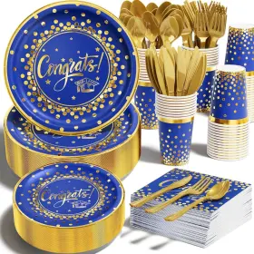 Kd-pdzp-zh23-bhx01 Ecomore 350pcs 2026 Graduation Party Supplies Blue Gold Dinnerware Set