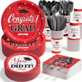 Ecomore Kd-pdzp-zh26-bhx01 Graduation Party Supplies 350pcs Serve 50 Disposable Dinnerware Red Black Class