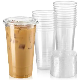 300123 Fit Meal Prep 50 Pack 32 Oz Clear Plastic Cups With Flat Lids Disposable Iced Coffee
