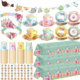 Goo-foldtier-4400 Foldtier Tea Party Supplies Set - 322 Pc Floral Disposable Cups Plates Napkins