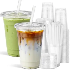 Ginkgo Go24ozslb100 Disposable Plastic Cups 100 Pack 24oz Clear With Lids Straws Iced Coffee
