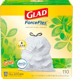 79260 Glad Forceflex Tall Kitchen Drawstring Trash Bags 13 Gallon White