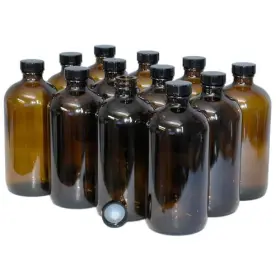 Glassbottleoutlet 817130020200 12 Pack Gbo 16 Oz. Amber Boston Round Glass With Black Poly Cone Cap