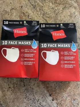 Hanes 194959047602 2x Face Mask 10 Pack 100% Cotton Washable And Reusable White 20 Masks