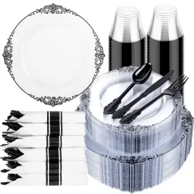 Eu350-ec02-np Hioasis 350 Piece Party Plates Set With Silverware And Cups Led 350pcs Clear