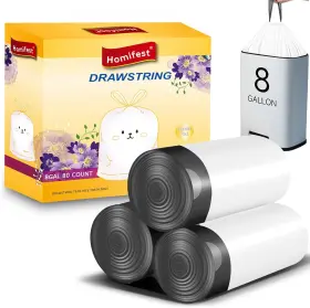 Homifest 768795261951 8 Gallon Drawstring Trash Bags 80 Count White Pcs