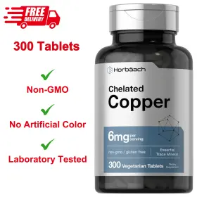 Cl1743 Horb Ach Chelated Copper Supplement 6mg 300 Tablets Vegetarian Non-gmo And Gluten Free