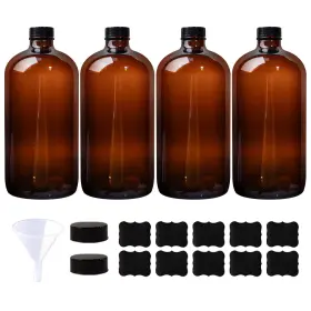 Hs-94408-006 Hwashin 4 Pack 32 Oz Amber Boston Round Glass Bottles With Black Caps For Secondary K
