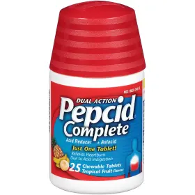 557951 Johnson & Pepcid Complete Acid Reducer Antacid Chewable Tablets Tropical Fruit 25 Ct