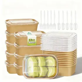 U-32z-50p-lc Kaderron 32 Oz Paper Bowls With Lids 50 Pack Disposable Utensils