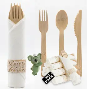 Wrappedc-30 Koala Love Bamboo Cutlery Set 100 Pack Forks Knives Spoons Napkins Disposable Utensils Led
