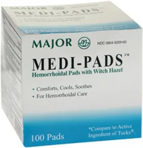 00904-5059-60 Major Pharmaceuticals Medi Pads Hemorrhoidal Pad Cool Soothe Discomfort Relief Witch Hazel 100ct
