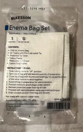 16640 Mckesson Enema Bag Set 1500 Ml 1 Disposable Kit