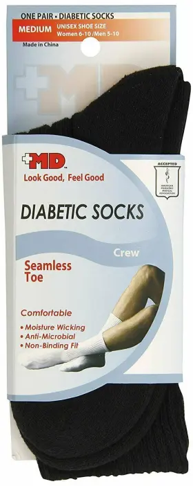 Md Usa 818286010053 Diabetic Crew Socks Seamless Toe Antimicrobial Black Medium 1 Pair Pack Of 2