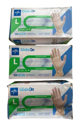 Medline 888277362065 Lot Of 3 Glide On Vinyl Exam Non Sterile Powder Free Gloves Large - 3x 150 Count