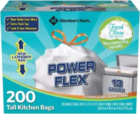 Member S Mark 078742125275 Members Power Flex Tall Kitchen Drawstring Trash Bags 13 Gallon White