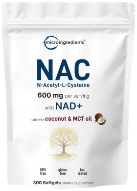 Micro Ingredients 850077801037 Nac Supplement 600mg 300 Softgels Nad Coconut Oil 2-in-1 Plus