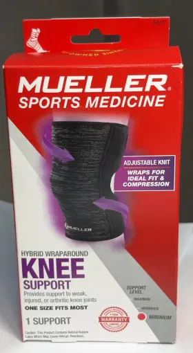 64017 Mueller Hybrid Wraparound Knee Support One Size Gray Adjustable Medical Brace