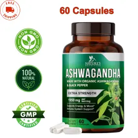 Natures Nutrition 445032748705 Organic Ashwagandha Capsules 1950mg Stress Mood Support-focus And Energy 60 Caps
