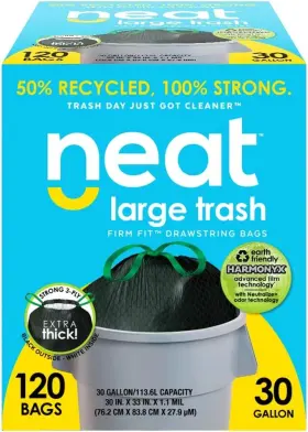 Neat-30g-120 Neat Trash Bags Tall Kitchen 30 Gallon Drawstring 1 Count Pack Of 120 Black And White